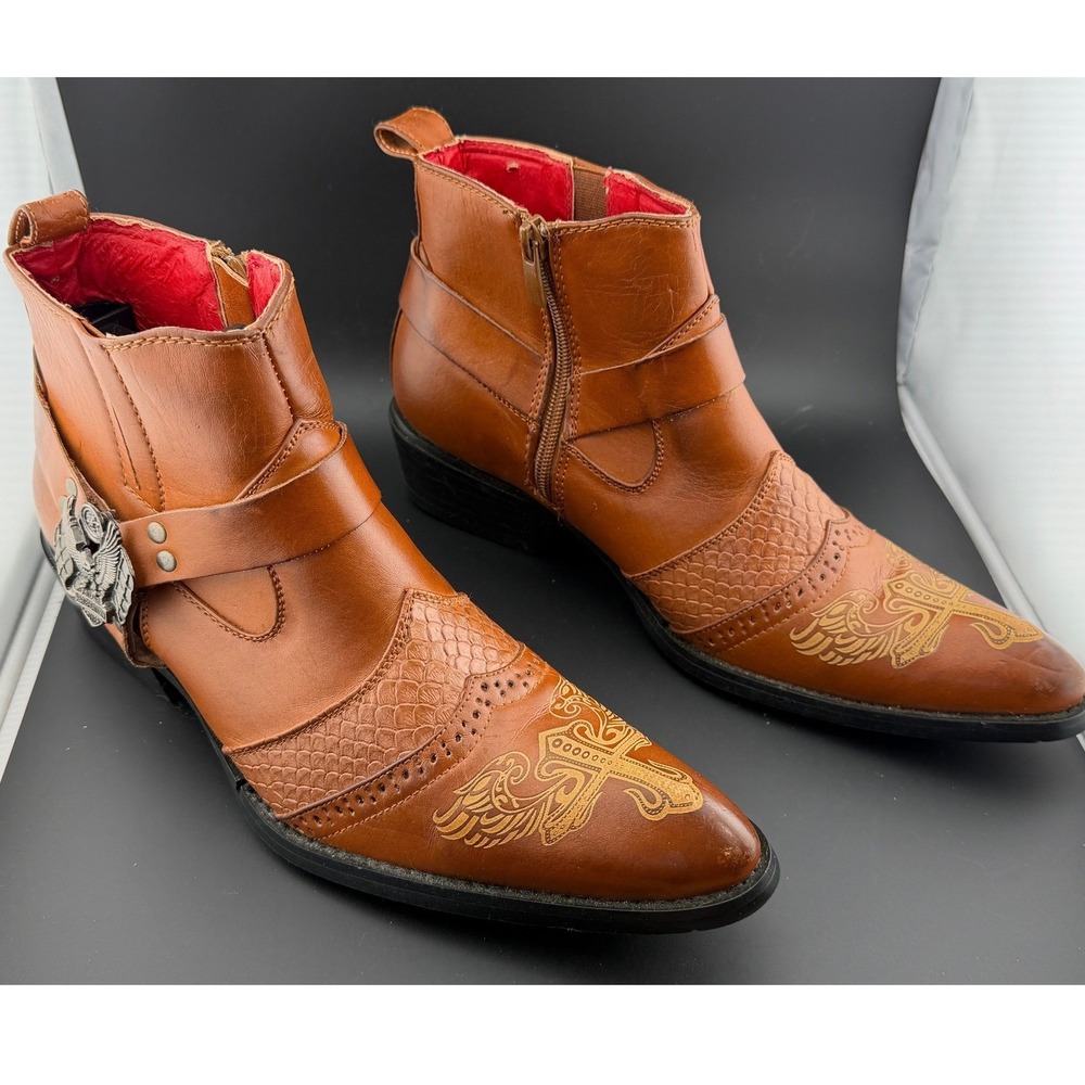 Alfa Western-Tan Leather Ankle Boots, Harley Davidson Eagle Medallion, Mens 6.5